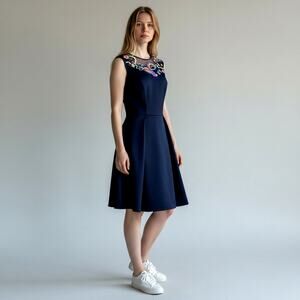 Ted Baker Lavensa Navy Embroidered Floral Mesh Yoke Fit Flare Dress Size 4 US